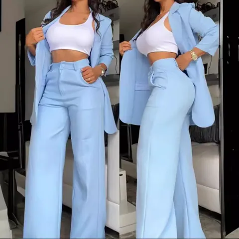 Elegant Solid Color Women Blazer And Pants Top And Bottom Lapel Slit Sleeve Polyester High Waist Wide Leg Office Suit