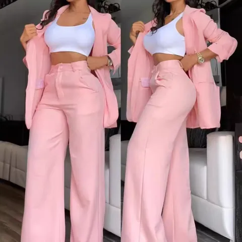 Elegant Solid Color Women Blazer And Pants Top And Bottom Lapel Slit Sleeve Polyester High Waist Wide Leg Office Suit