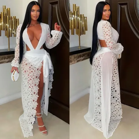 Sexy White Lace Mesh Two Piece Set Deep V Cutout High Split Maxi Dress Long Sleeve Top And Bottom Skirt Set For Women
