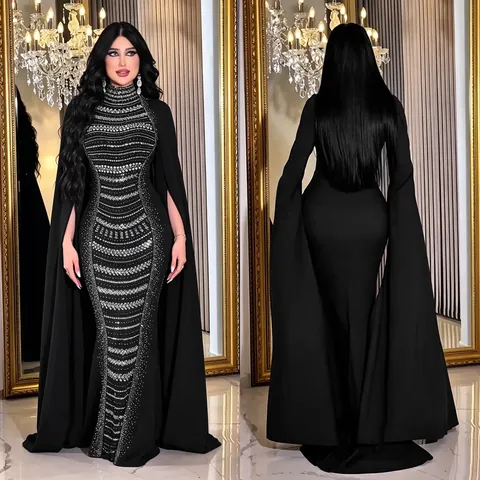 Mujer Elegante Negro Diamante de Imitación Perla Artificial Manga de Capa Vestido Largo Cuello Alto Slim Fiesta Formal Maxi Gown