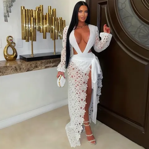 Sexy White Lace Mesh Two Piece Set Deep V Cutout High Split Maxi Dress Long Sleeve Top And Bottom Skirt Set For Women