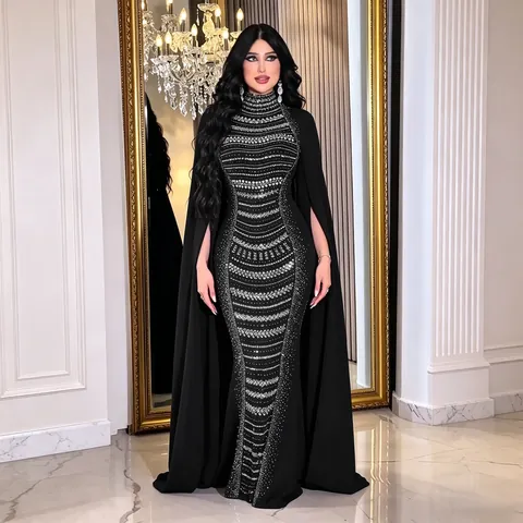 Mujer Elegante Negro Diamante de Imitación Perla Artificial Manga de Capa Vestido Largo Cuello Alto Slim Fiesta Formal Maxi Gown