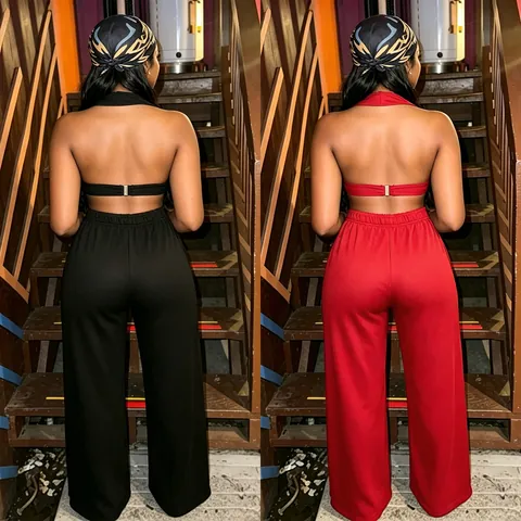Women Grommet Halter Halter Neck Crop Top And Wide Leg Pants Two Piece Set Patchwork Casual Straight Trousers Outfit