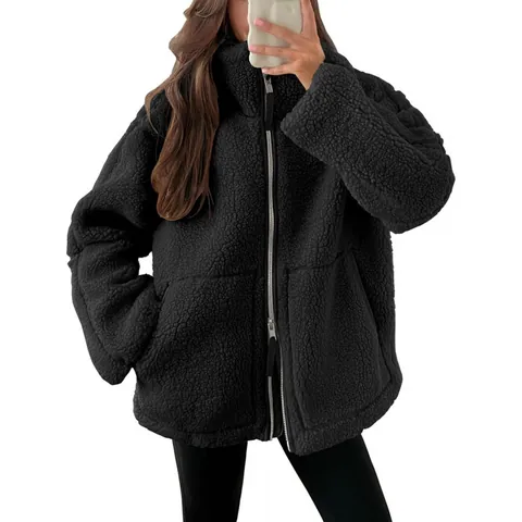 Women Teddy Fleece Jacket Loose Fit Warm Winter Coat Long Sleeve Double Zipper Jacket Casual Plush Outerwear With Pockets Top