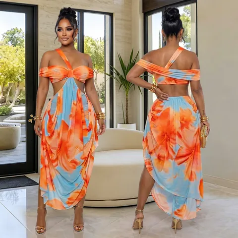 Sexy One Shoulder Cut Out Maxi Dress Women Summer Beach Floral Tie Dye Print Asymmetrical Slim Fit Elegant Long Dress