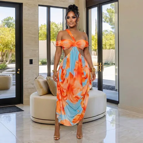 Sexy One Shoulder Cut Out Maxi Dress Women Summer Beach Floral Tie Dye Print Asymmetrical Slim Fit Elegant Long Dress