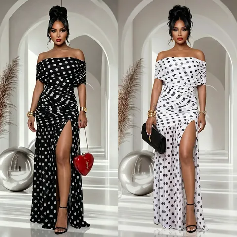 Damen Schulterfrei Gepunktet Gerafft Maxi Kleid Elegant Schlitz Körpernah Bankett Party Abendkleid Ärmellos Polyester Netzgewebe