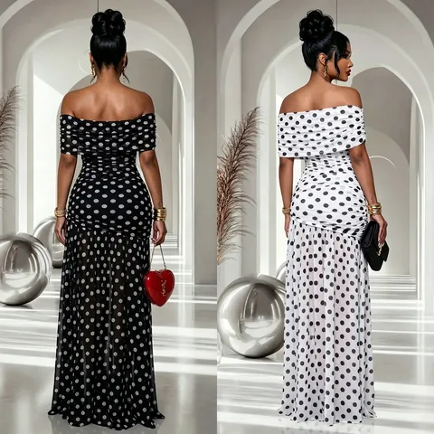 Damen Schulterfrei Gepunktet Gerafft Maxi Kleid Elegant Schlitz Körpernah Bankett Party Abendkleid Ärmellos Polyester Netzgewebe