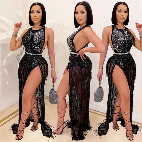 Sexy Women Rhinestone Sequin Tassels Mesh Dress Halter Backless High Split Nightclub Party Top And Bottom Two Piece Set