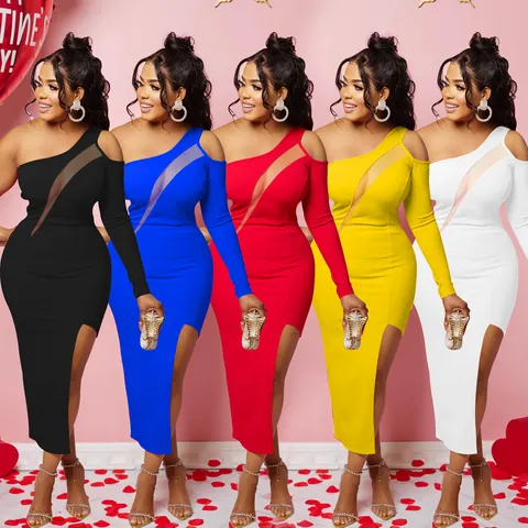 Women Elegant One Shoulder Mesh Patchwork Maxi Dress Single Long Sleeve High Slit Slim Fit Solid Color Party Evening Dress