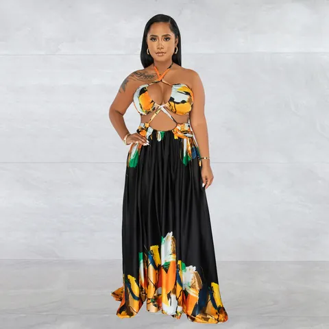 Damen Sexy Halter Neck Rückenfreies Maxi Kleid Cutout Taille Abstrakt Bedruckt Gerafft Bindedetail Trägerloses Sommer Strand Kleid