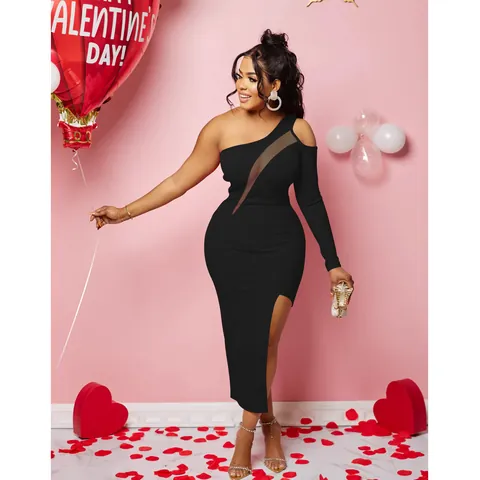 Women Elegant One Shoulder Mesh Patchwork Maxi Dress Single Long Sleeve High Slit Slim Fit Solid Color Party Evening Dress