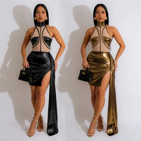 Women Sexy Halter Backless Metallic Mini Dress With Side Cape Mesh Patchwork Split Party Evening Bodycon Dress