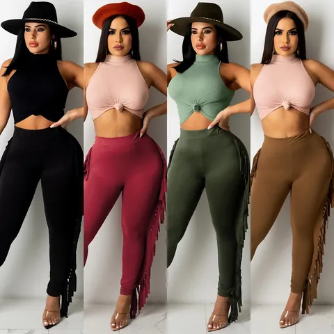 Damen Geripptes Ärmelloses Knoten-Top und Quasten-Hose Set Elegantes Pendler-Outfit Einfarbig Fransen-Hose Oben und Unten