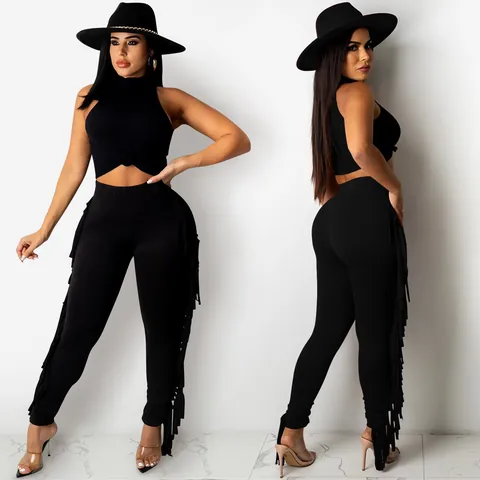 Damen Geripptes Ärmelloses Knoten-Top und Quasten-Hose Set Elegantes Pendler-Outfit Einfarbig Fransen-Hose Oben und Unten