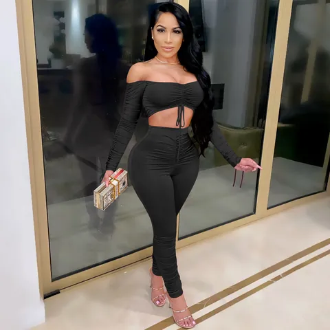 Damen Oberteil Und Unterteil Zweiteiliges Outfit Off-Shoulder Stapelärmel Crop Top Und Geraffte Leggings Mit Hoher Taille Slim Fit