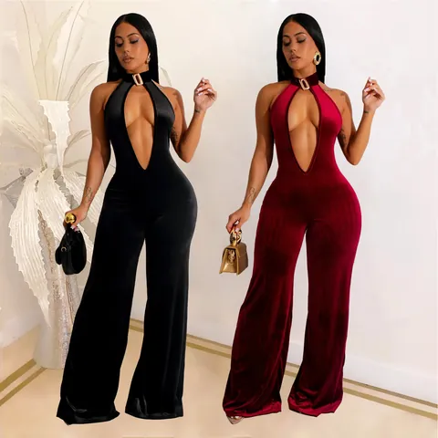 Women Sexy Deep V-neck Halter Backless Gold Velvet Jumpsuit High Waist Wide Leg Long Pants Elegant Party Clubwear Top And Bottom