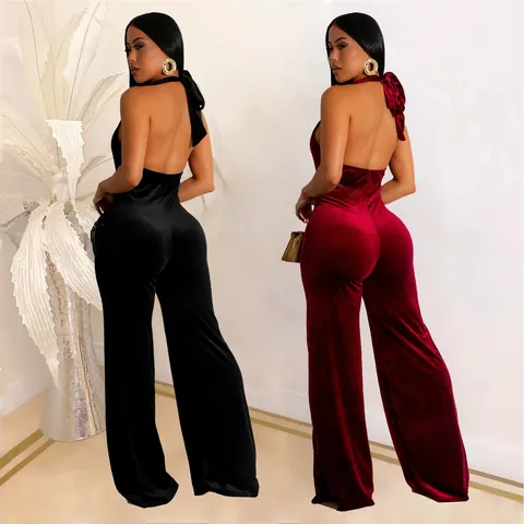 Women Sexy Deep V-neck Halter Backless Gold Velvet Jumpsuit High Waist Wide Leg Long Pants Elegant Party Clubwear Top And Bottom