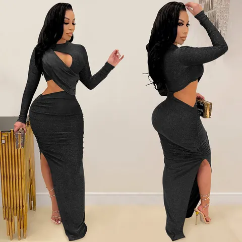 Damen Elegantes Langarm Ausschnitt Schlitz Maxi Kleid Sexy Schimmer Polyester Abend Party Kleid Spleißen Bodycon Langer Rock
