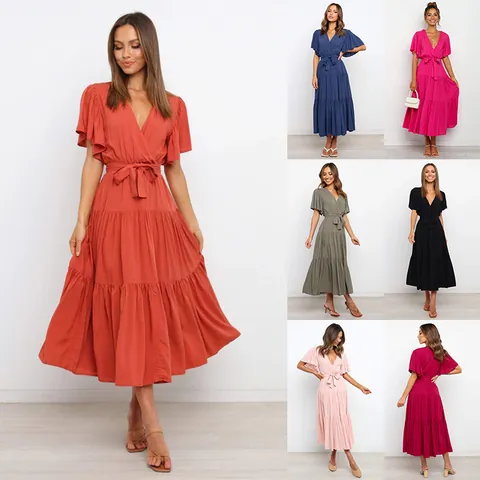 Women V-Neck Ruffle Short Sleeve High Waist Drawstring Tiered Maxi Dress Bohemian Elegant Solid Color Chiffon Long Dress Summer Casual Vacation Party Top And Bottom