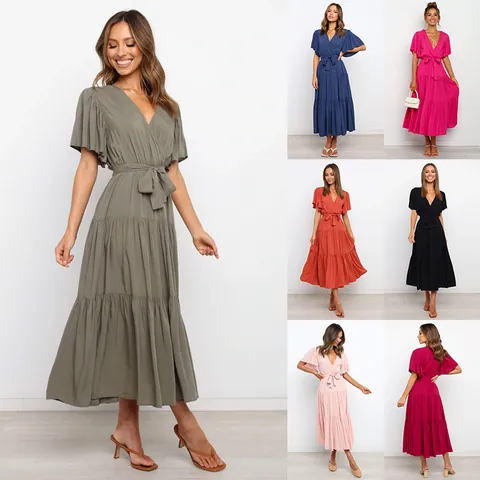 Women V-Neck Ruffle Short Sleeve High Waist Drawstring Tiered Maxi Dress Bohemian Elegant Solid Color Chiffon Long Dress Summer Casual Vacation Party Top And Bottom
