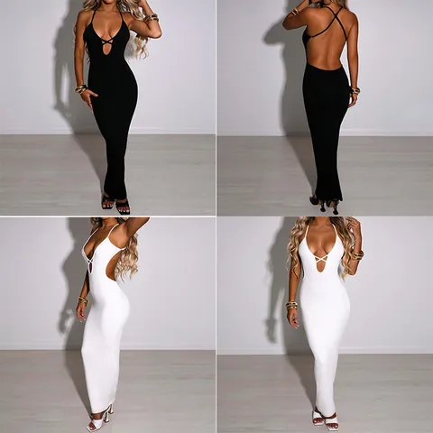 Women Sexy Backless Halter Deep V-Neck Maxi Dress Criss-Cross Strappy Cut-Out Slim Fit Bodycon Evening Party Club Dress