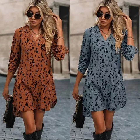 Women Fashion Leopard Print Long Sleeve Dress Stand Collar Slim Fit Asymmetrical Hem Printed Sexy Top And Bottom Casual Party Mini Dress