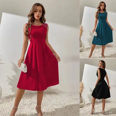 Damen Elegant Schlanke Passform Ärmellos Perlen Künstliche Perle Prinzessin A-Linie Midi Kleid Für Cocktail Party Hochzeit