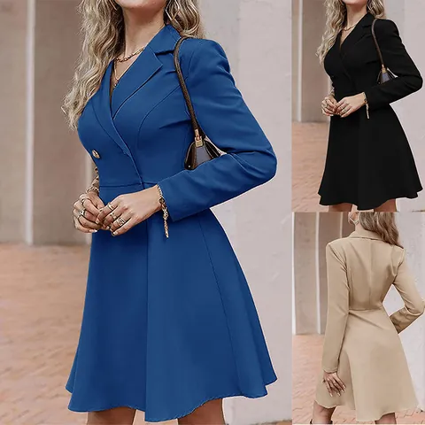 Women's Elegant High-Density Linen Double Breasted Trench Coat Long Sleeve Slim Fit Solid Color Lapel Outerwear Dress