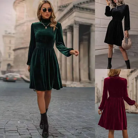 Elegant Women's Long Sleeve Velvet Dress Vintage Stand Collar Smocked Waist Midi Dress Solid Color Puff Sleeve Dress