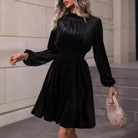 Elegant Women's Long Sleeve Velvet Dress Vintage Stand Collar Smocked Waist Midi Dress Solid Color Puff Sleeve Dress