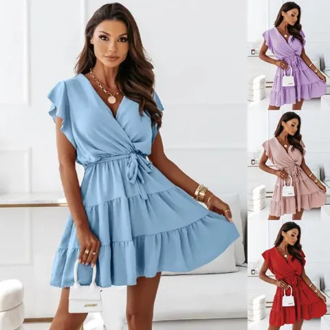 Dames V-hals Ruffle Korte Mouw Mini-jurk Effen Kleur Strikceintuur Gelaagde Geplooide A-lijn Jurk Voor Zomerfeest Casual Kleding