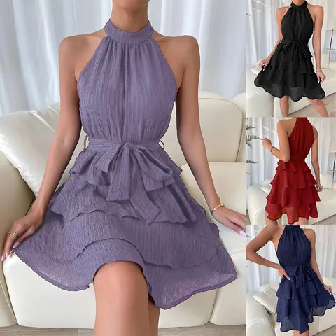 Dames Halternek Mouwloos Ruffle Gelaagde Jurk Zomer Effen Kleur Gelaagde Top And Bottom Elegante Feest Splitsen Jurk