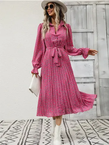 Fashion Women Floral Print Pleated Maxi Dress Long Sleeve Strappy V Neck Large Swing Bohemian Autumn Winter Dress