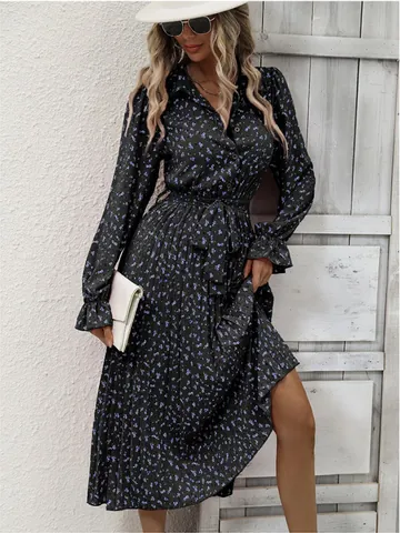 Fashion Women Floral Print Pleated Maxi Dress Long Sleeve Strappy V Neck Large Swing Bohemian Autumn Winter Dress