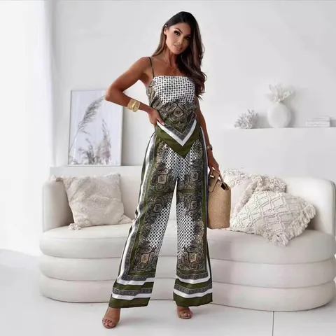 Women Bohemian Paisley Printed Top And Bottom Set Sleeveless Bandeau Crop Top With Wide Leg Pants Summer Beach Holiday Outfit