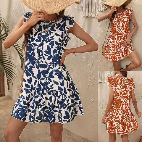 Women's Summer Casual Leaf Print Mini Dress Round Neck Ruffle Short Sleeve Elegant Loose Beach Sundress Printed Dress