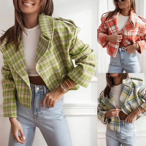 Women Fashion Plaid Polyester Outerwear British Style Lapel Short Jacket Long Sleeve Double Breasted Printed Top For Autumn Winter
