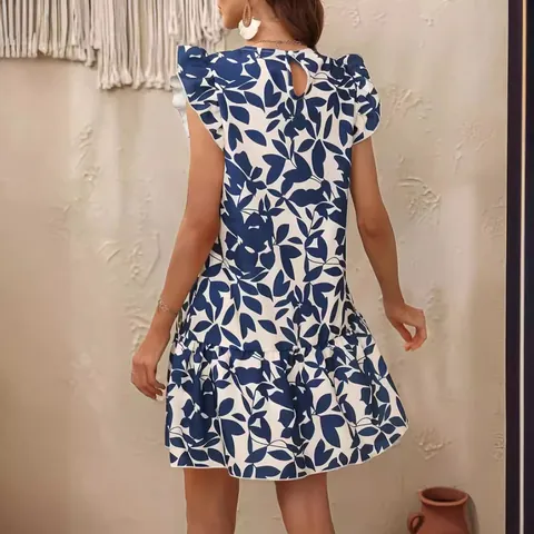 Women's Summer Casual Leaf Print Mini Dress Round Neck Ruffle Short Sleeve Elegant Loose Beach Sundress Printed Dress
