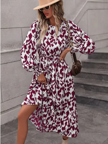 Women Elegant Leopard Print Polyester Maxi Dress Round Neck Puff Sleeve Tie Waist Printed Large Swing Dress For Fall Winter