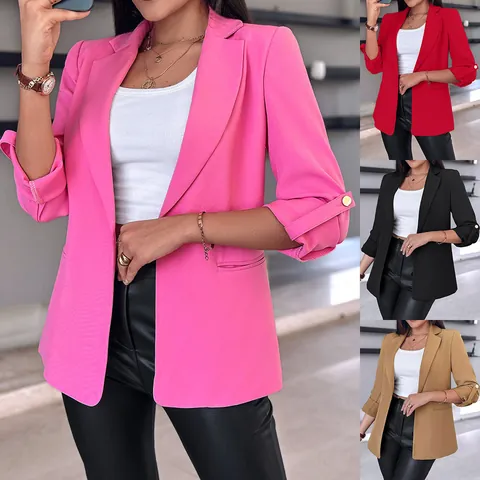 Women's Fashion Solid Color Chenille Blazer Elegant Rolled Sleeves Golden Button Work Office Suit Jacket Autumn Urban Coat Top