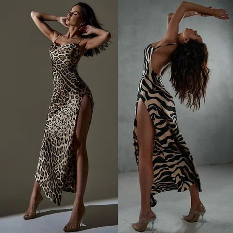 Robe Maxi Sexy pour Femme Imprimé Léopard Zèbre Dos Nu Fendue Cami Sans Manches Bodycon Fête Soirée Robe Longue