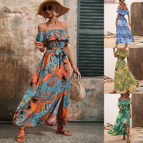Women's Off-The-Shoulder Ruffle Tropical Print Maxi Dress Elegant Floral Side Slit Belted Vacation Beach Long Dress