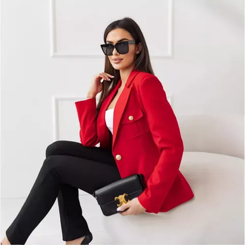 Women Elegant Solid Color Double Breasted Blazer Notch Lapel Long Sleeve Polyester Suit Jacket With Gold Buttons Office Work Top