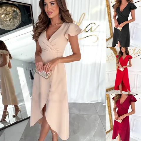 Women's Elegant Solid Color V Neck Ruffle Sleeve Polyester Midi Dress Top And Bottom Irregular Hem Waisted Party Dress
