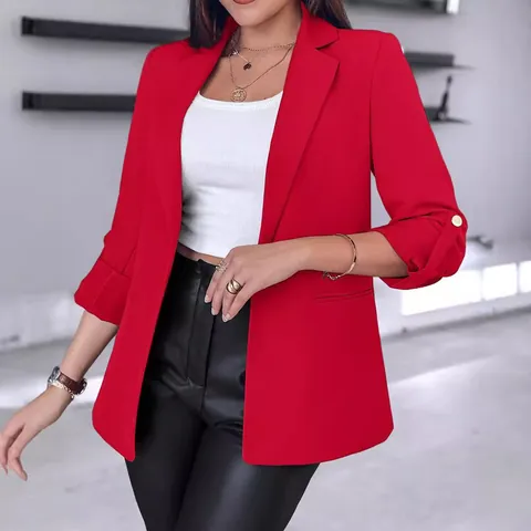 Women's Fashion Solid Color Chenille Blazer Elegant Rolled Sleeves Golden Button Work Office Suit Jacket Autumn Urban Coat Top