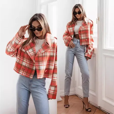 Women Fashion Plaid Polyester Outerwear British Style Lapel Short Jacket Long Sleeve Double Breasted Printed Top For Autumn Winter