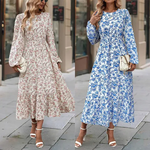 Women's Elegant Floral Print Round Neck Long Sleeve Maxi Dress With Ruffle Hem Waist Cinching Polyester Autumn Winter Dress