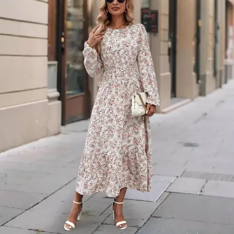 Women's Elegant Floral Print Round Neck Long Sleeve Maxi Dress With Ruffle Hem Waist Cinching Polyester Autumn Winter Dress