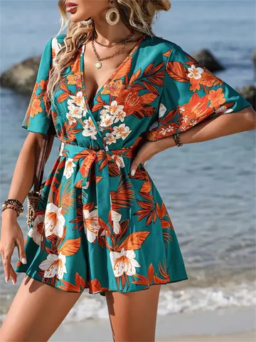 Women V Neck Tropical Floral Print Romper With Belt Flutter Sleeve Casual Beach Vacation Short Summer Polyester Playsuit